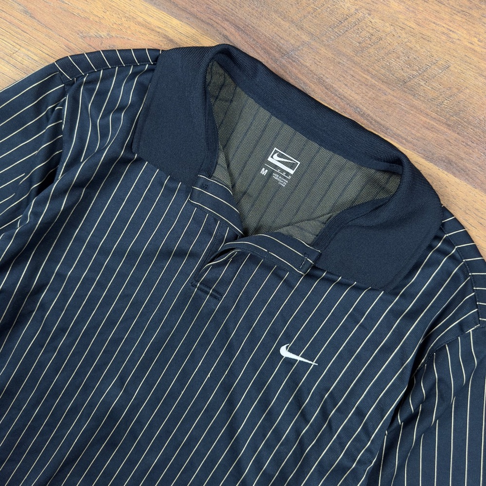 Nike Performance Mens Pinstripe Polo Shirt Navy Blue White Swoosh Medium M